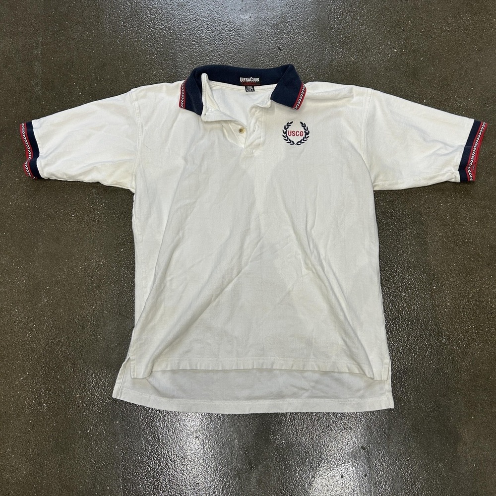 UltraClub Polo Shirt Mens XL White USCG Navy Trim Herringbone Cotton Casual‎